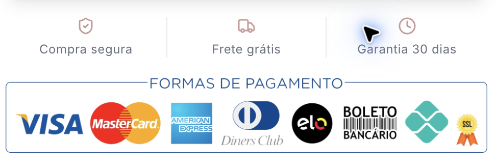 Formas de pagamento aceitas; confira a disponibilidade no checkout